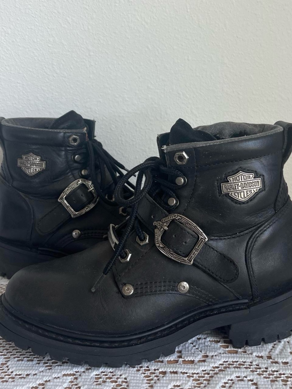Harley-Davidson Black Lace-Up Leather Riding Boots with Buckle